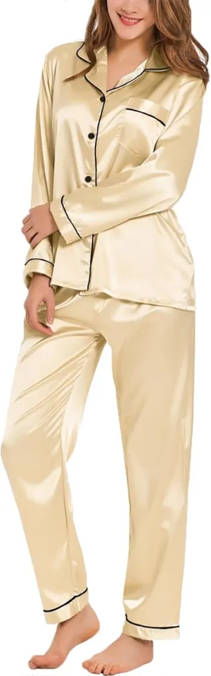 SWOMOG Womens Silk Satin Pajamas Set Long Sleeve Button Down Sleepwear 2 Piece Lounge Set Pj Set XS-3XL
