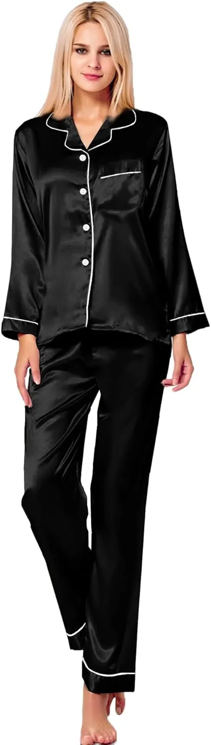 SWOMOG Womens Silk Satin Pajamas Set Long Sleeve Button Down Sleepwear 2 Piece Lounge Set Pj Set XS-3XL