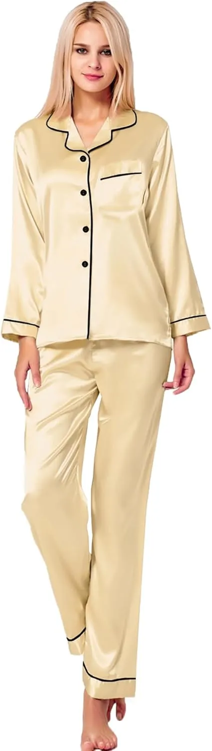 SWOMOG Womens Silk Satin Pajamas Set Long Sleeve Button Down Sleepwear 2 Piece Lounge Set Pj Set XS-3XL