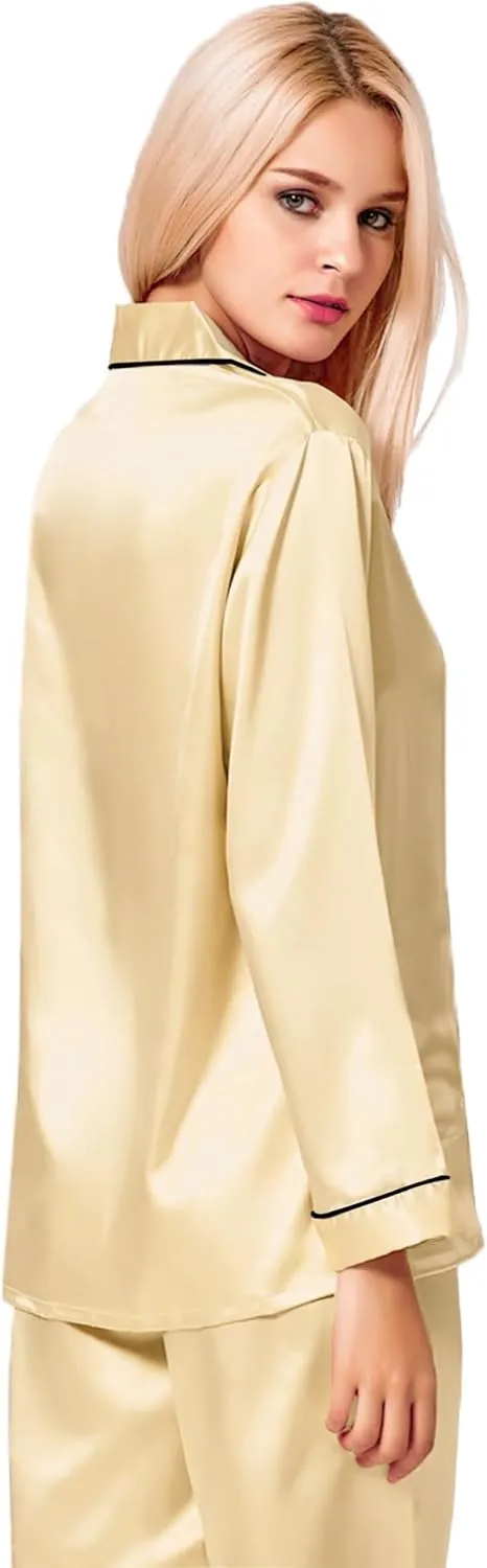 SWOMOG Womens Silk Satin Pajamas Set Long Sleeve Button Down Sleepwear 2 Piece Lounge Set Pj Set XS-3XL
