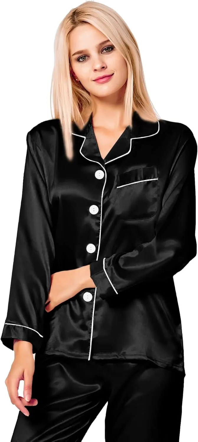 SWOMOG Womens Silk Satin Pajamas Set Long Sleeve Button Down Sleepwear 2 Piece Lounge Set Pj Set XS-3XL