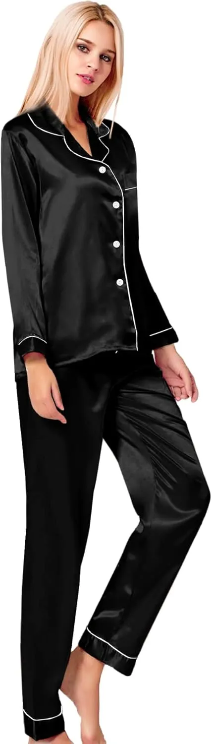 SWOMOG Womens Silk Satin Pajamas Set Long Sleeve Button Down Sleepwear 2 Piece Lounge Set Pj Set XS-3XL