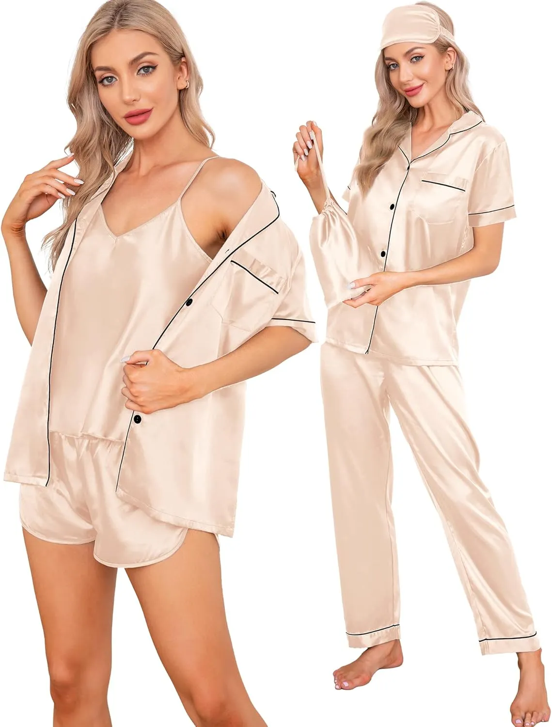 SWOMOG Womens Silk Satin Pajamas Sets 7pcs Sleepwear Sexy Cami Shorts Set and Button Down Short Sleeve Satin Pjs