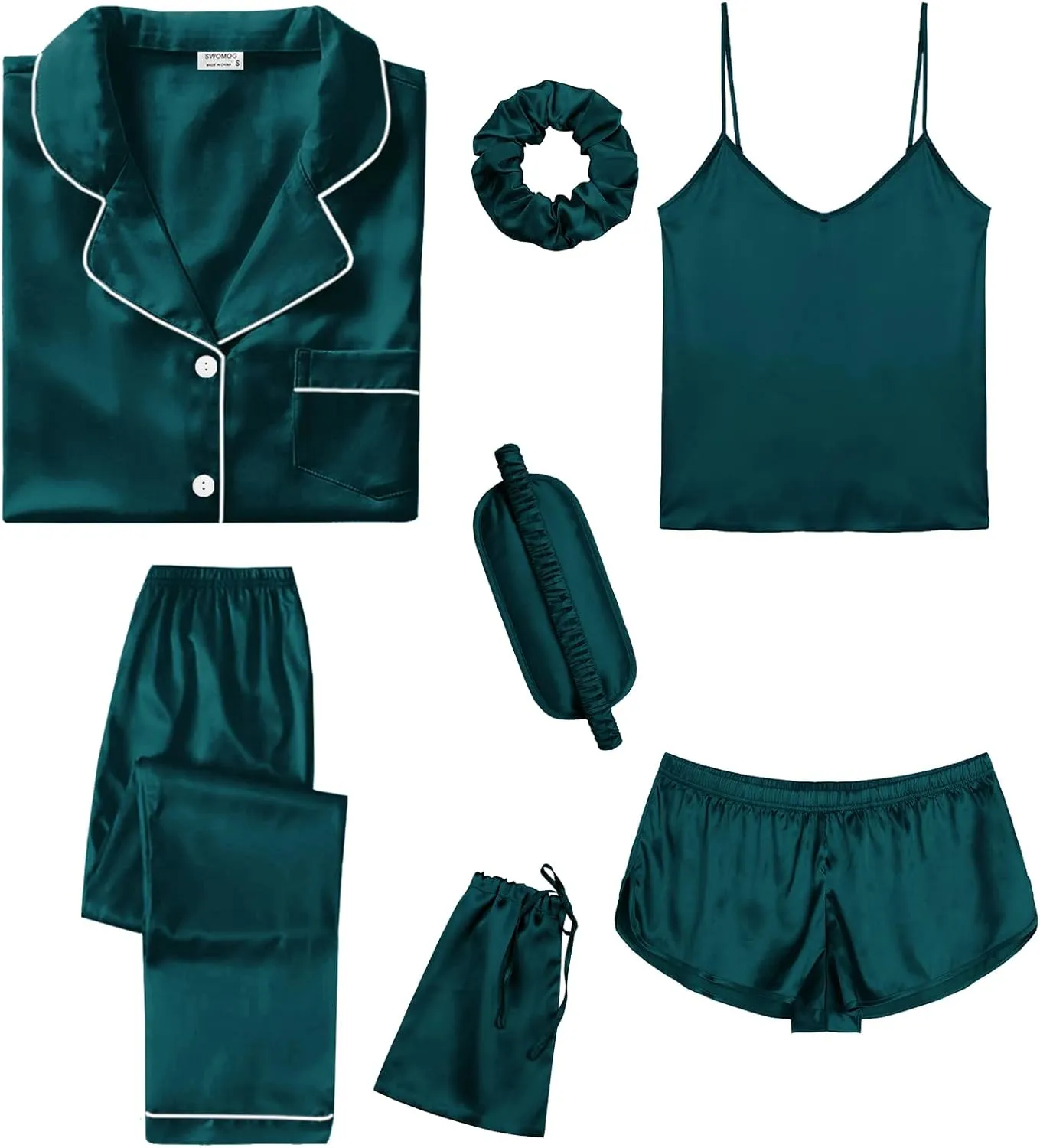 SWOMOG Womens Silk Satin Pajamas Sets 7pcs Sleepwear Sexy Cami Shorts Set and Button Down Short Sleeve Satin Pjs