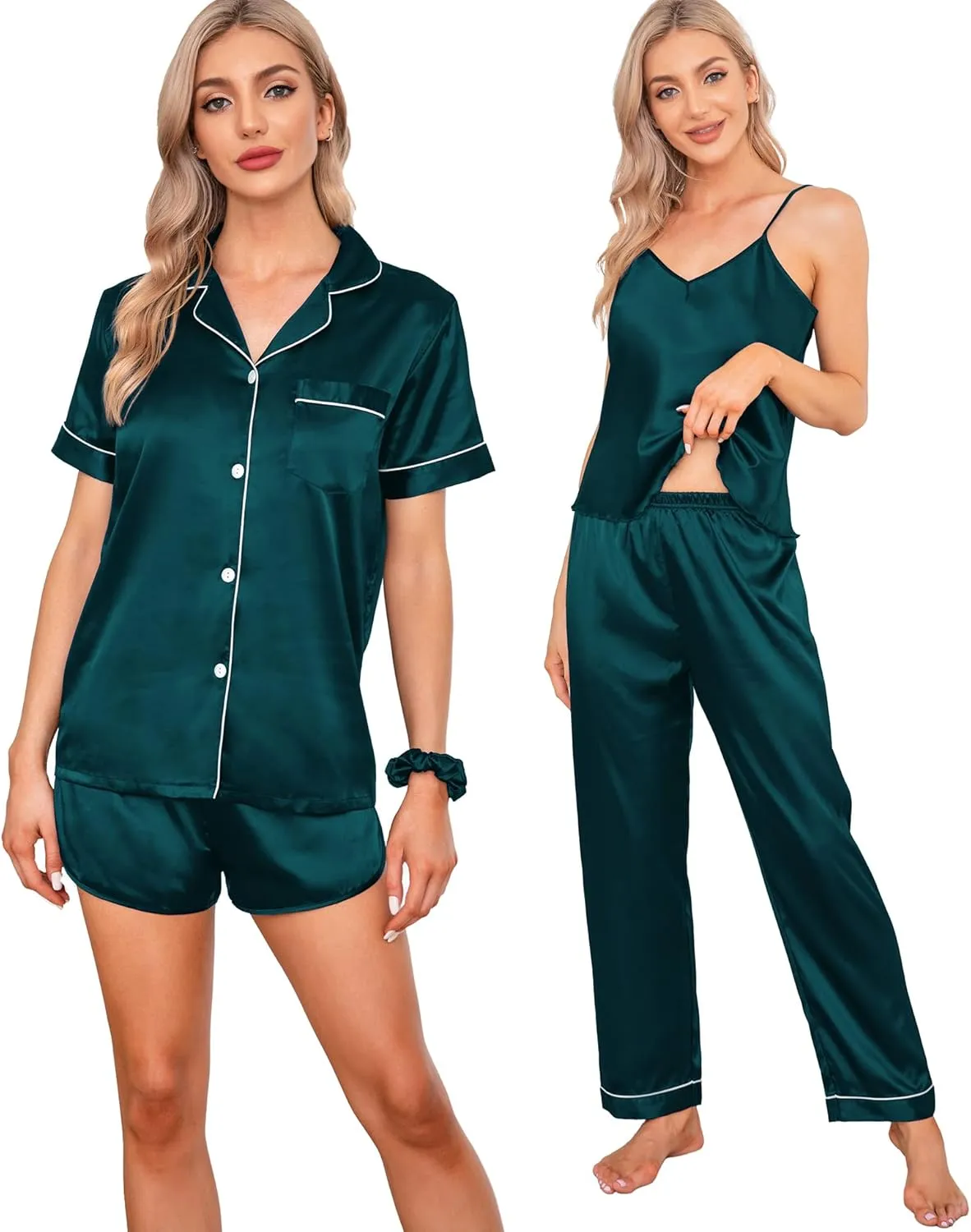 SWOMOG Womens Silk Satin Pajamas Sets 7pcs Sleepwear Sexy Cami Shorts Set and Button Down Short Sleeve Satin Pjs