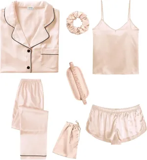 SWOMOG Womens Silk Satin Pajamas Sets 7pcs Sleepwear Sexy Cami Shorts Set and Button Down Short Sleeve Satin Pjs