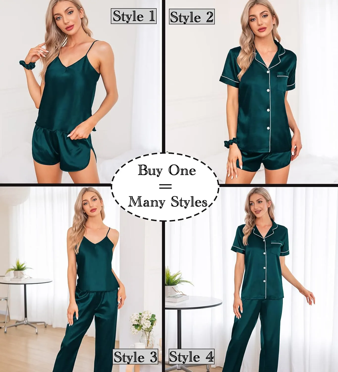 SWOMOG Womens Silk Satin Pajamas Sets 7pcs Sleepwear Sexy Cami Shorts Set and Button Down Short Sleeve Satin Pjs
