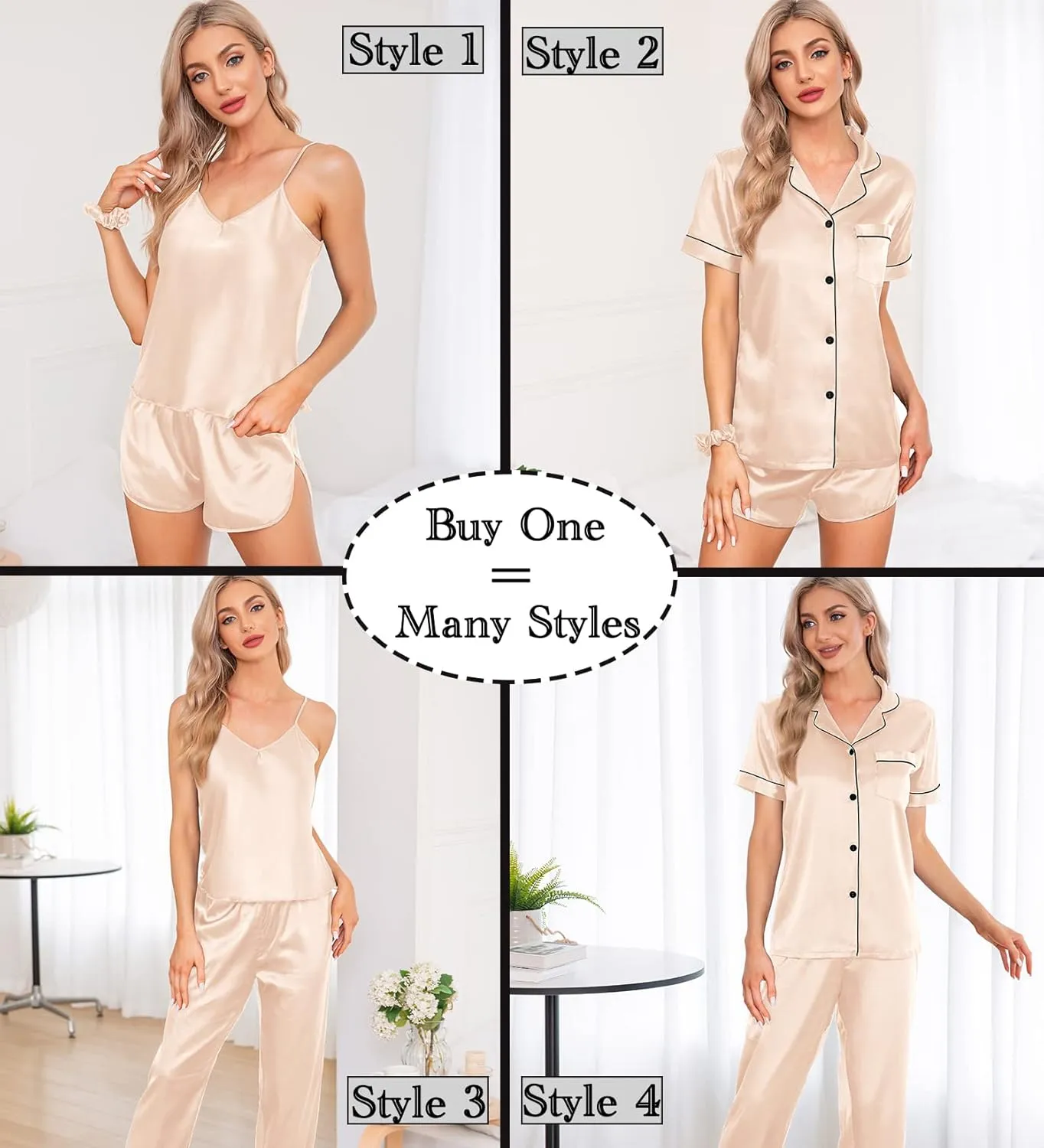 SWOMOG Womens Silk Satin Pajamas Sets 7pcs Sleepwear Sexy Cami Shorts Set and Button Down Short Sleeve Satin Pjs