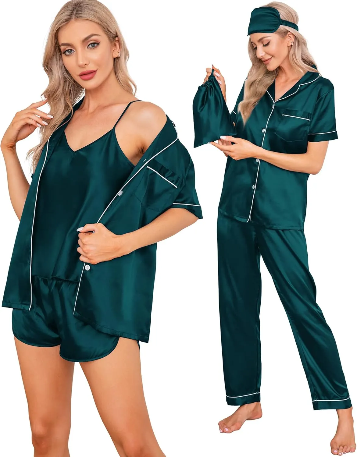 SWOMOG Womens Silk Satin Pajamas Sets 7pcs Sleepwear Sexy Cami Shorts Set and Button Down Short Sleeve Satin Pjs