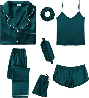 SWOMOG Womens Silk Satin Pajamas Sets 7pcs Sleepwear Sexy Cami Shorts Set and Button Down Short Sleeve Satin Pjs