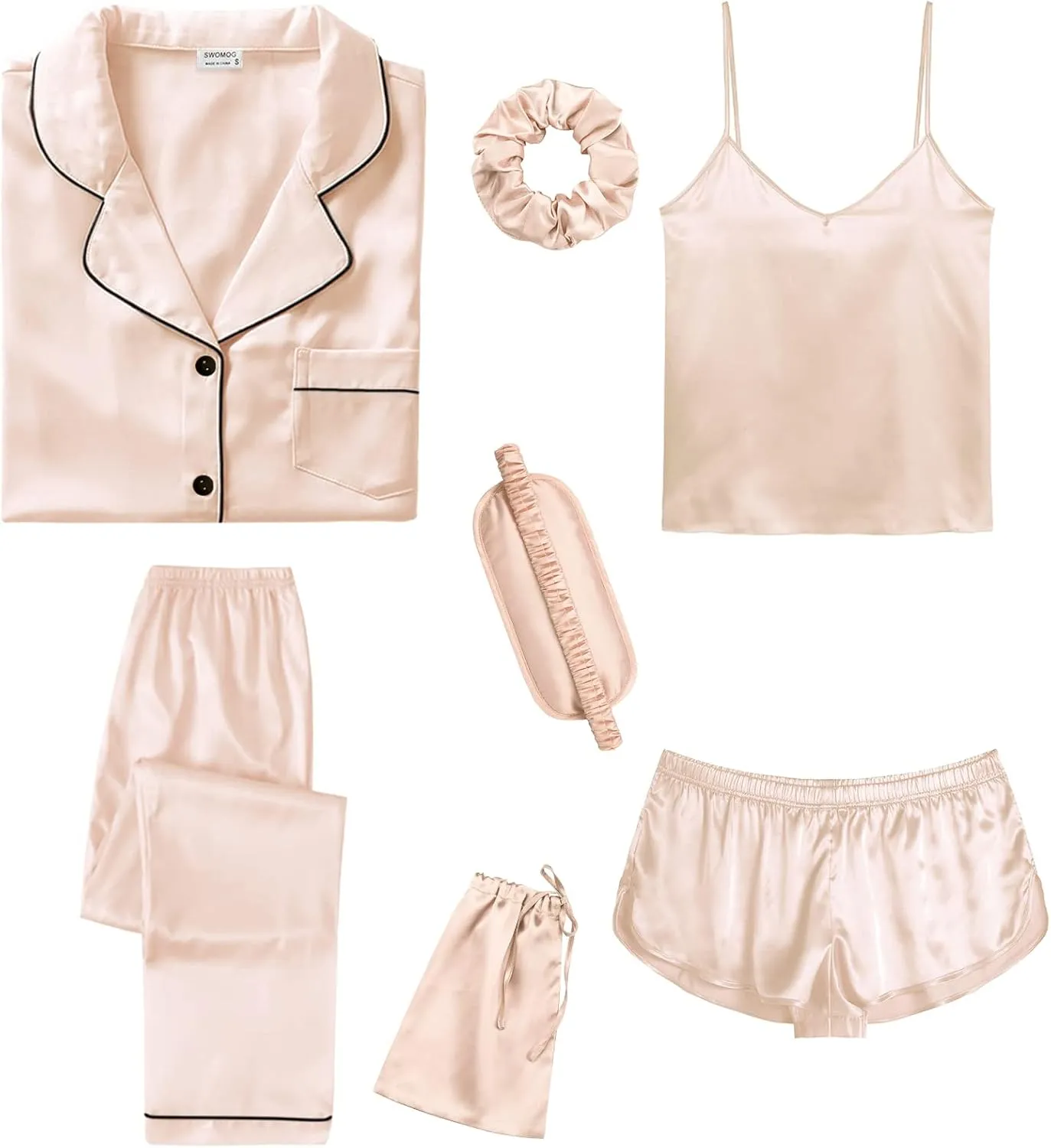 SWOMOG Womens Silk Satin Pajamas Sets 7pcs Sleepwear Sexy Cami Shorts Set and Button Down Short Sleeve Satin Pjs