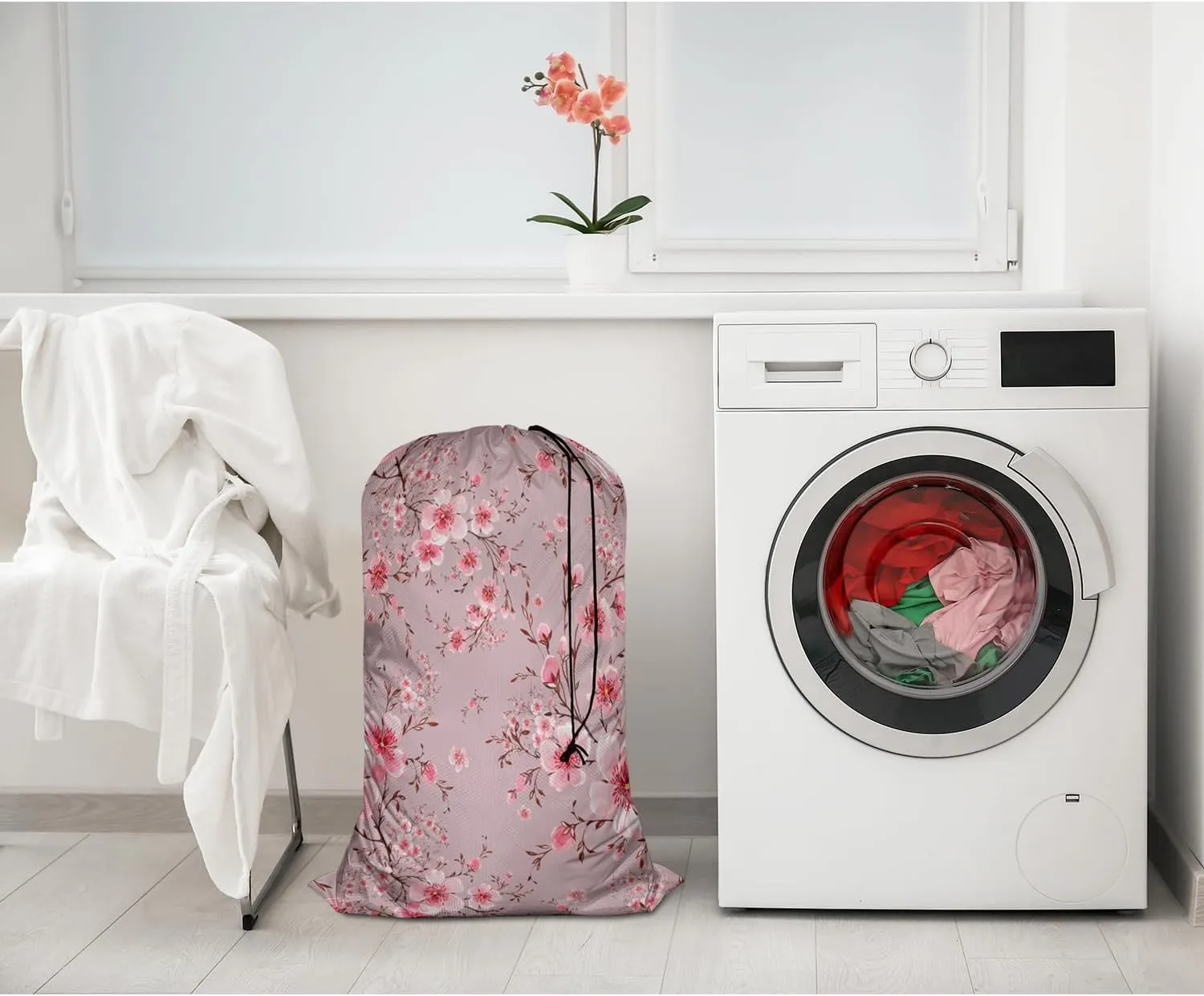 Swono Cherry Blossom Laundry Basket Clothes Hamper Bag Watercolor Hand Painted Flower Blooming Branches Collapsible Dirty Clothes Storage Laundry Organizer, Pink