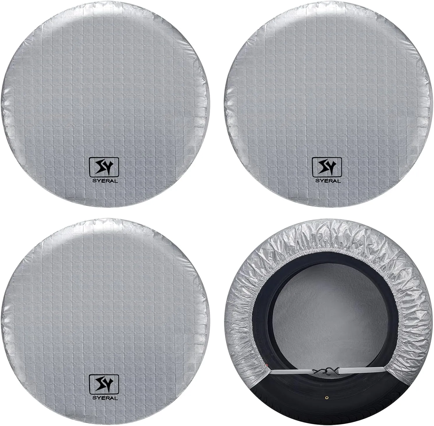 SYERAL RV Tire Covers Set of 4, Waterproof Anti-UV Snow Sun Rain Wheel Tire Protectors Covers for Trailer,Camper,RV,Truck,SUV,27-29inch(M) Silver Aluminum Film