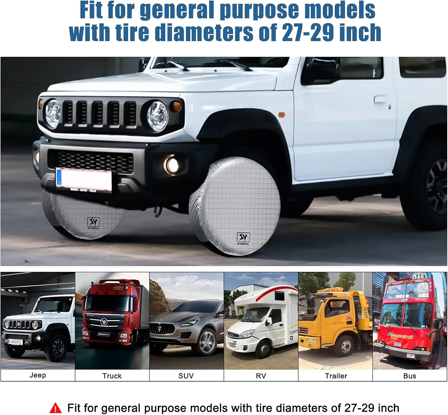 SYERAL RV Tire Covers Set of 4, Waterproof Anti-UV Snow Sun Rain Wheel Tire Protectors Covers for Trailer,Camper,RV,Truck,SUV,27-29inch(M) Silver Aluminum Film