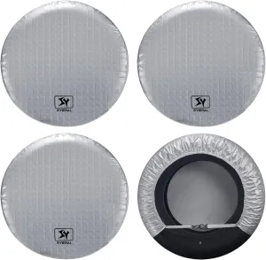 SYERAL RV Tire Covers Set of 4, Waterproof Anti-UV Snow Sun Rain Wheel Tire Protectors Covers for Trailer,Camper,RV,Truck,SUV,27-29inch(M) Silver Aluminum Film