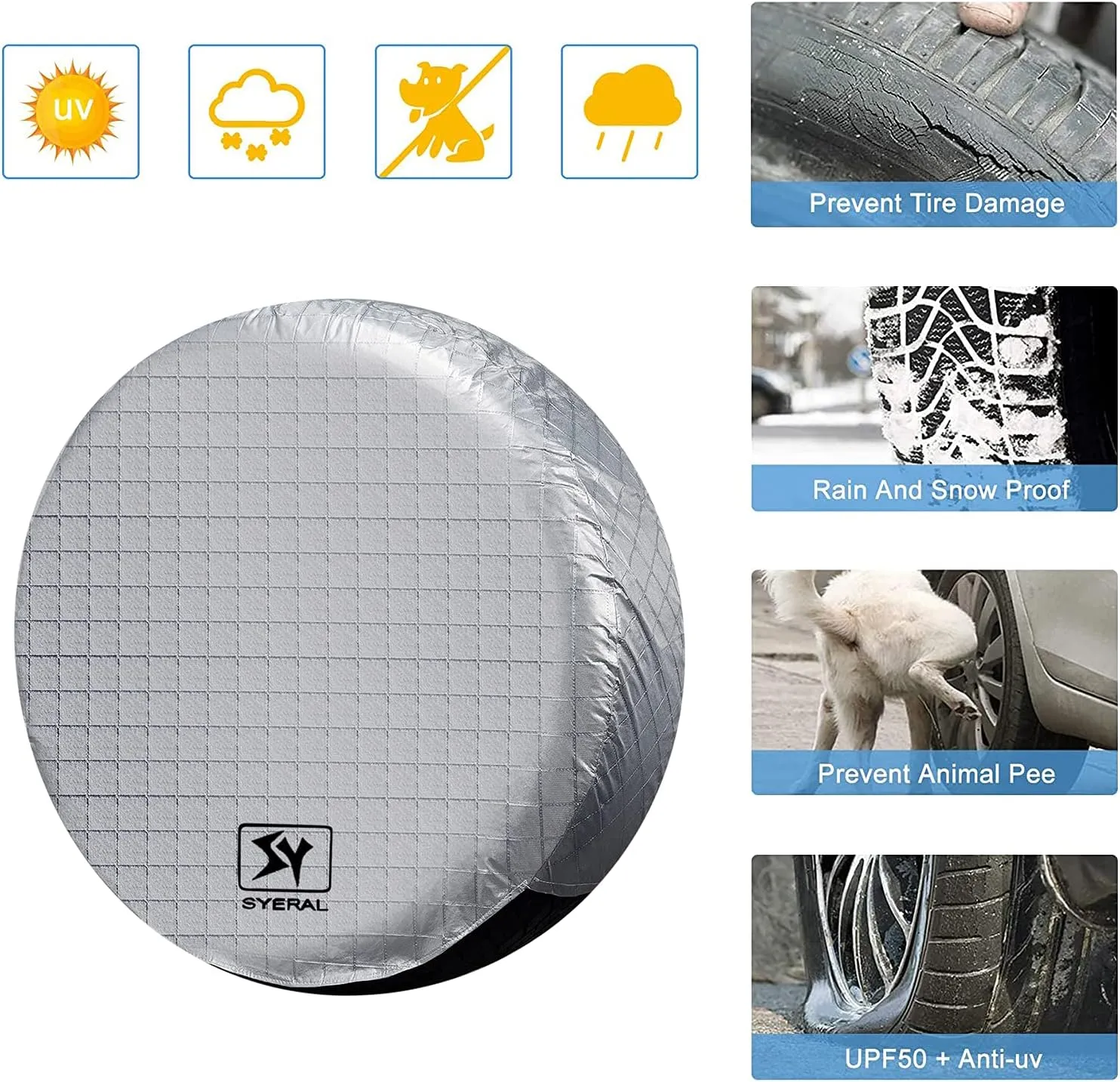 SYERAL RV Tire Covers Set of 4, Waterproof Anti-UV Snow Sun Rain Wheel Tire Protectors Covers for Trailer,Camper,RV,Truck,SUV,27-29inch(M) Silver Aluminum Film