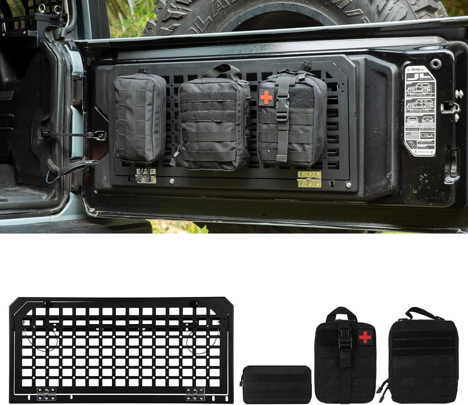 Tailgate Table Rear Storage Cargo Rack with 3 storage bags,Foldable Storage Shelf MOLLE Panel for 2007-2024 Jeep Wrangler JKU &JL JLU 4 Door