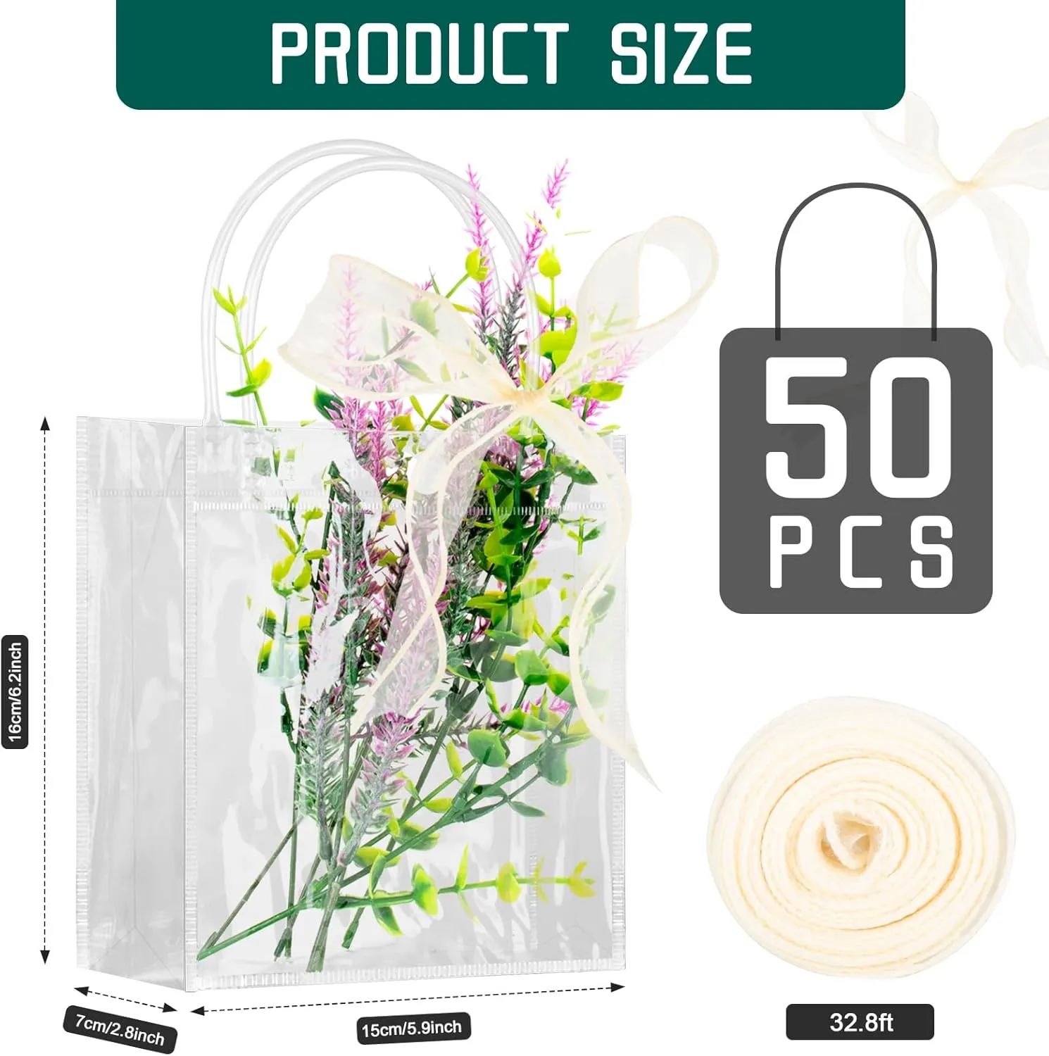 Takytao 50 Pcs Gift Bags with Handles, Clear with Champagne Ribbon, Reusable Goodie Bags for Weddings Birthday Baby Shower Party