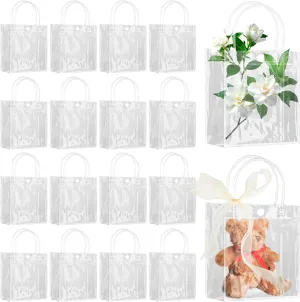 Takytao 50 Pcs Gift Bags with Handles, Clear with Champagne Ribbon, Reusable Goodie Bags for Weddings Birthday Baby Shower Party
