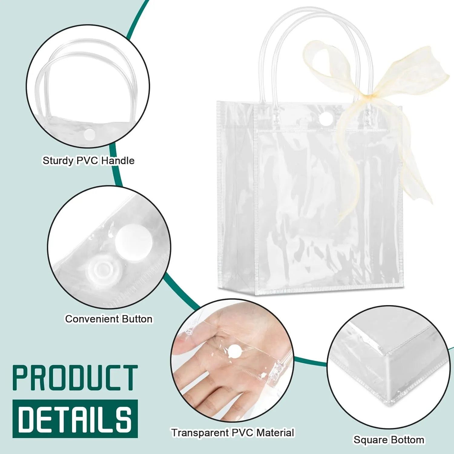 Takytao 50 Pcs Gift Bags with Handles, Clear with Champagne Ribbon, Reusable Goodie Bags for Weddings Birthday Baby Shower Party