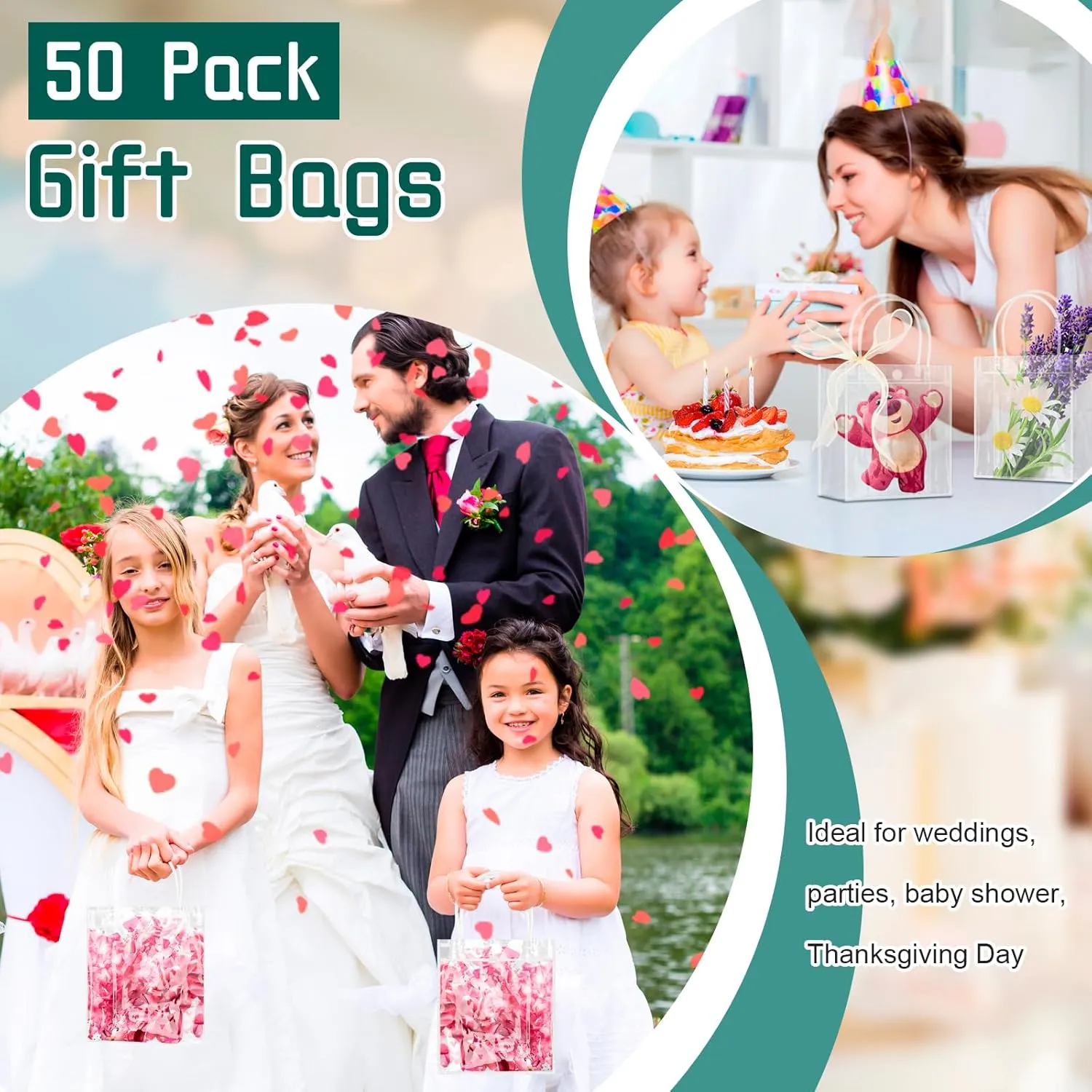 Takytao 50 Pcs Gift Bags with Handles, Clear with Champagne Ribbon, Reusable Goodie Bags for Weddings Birthday Baby Shower Party
