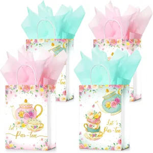 TaoBary 16 Pcs Tea Party Gift Bags with Tissue Paper Spring Themed Baby Girl Paper Bags Pink and Green Floral Party Goodie Treat Supplies for Girl Kid Birthday Baby Shower