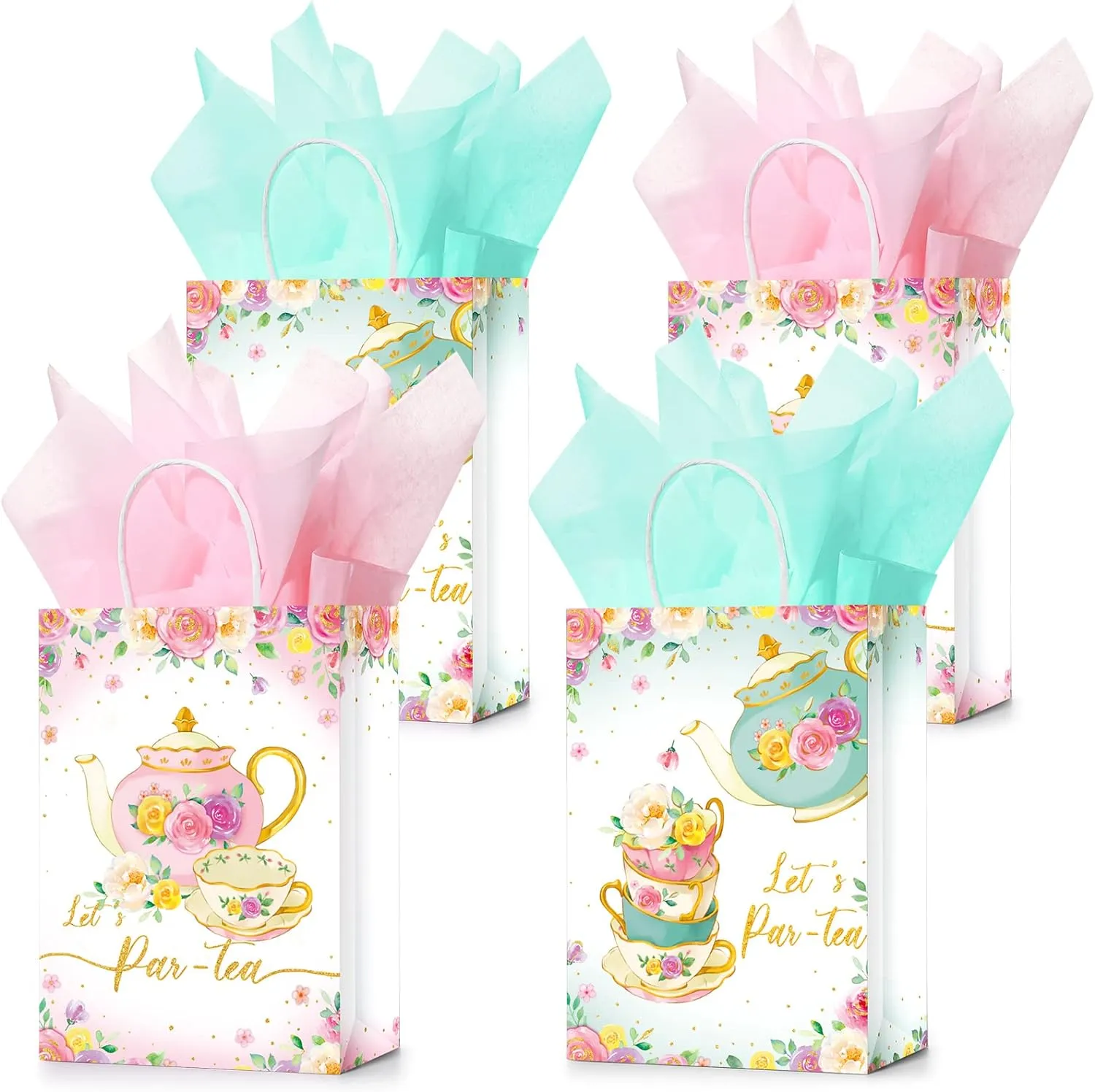 TaoBary 16 Pcs Tea Party Gift Bags with Tissue Paper Spring Themed Baby Girl Paper Bags Pink and Green Floral Party Goodie Treat Supplies for Girl Kid Birthday Baby Shower