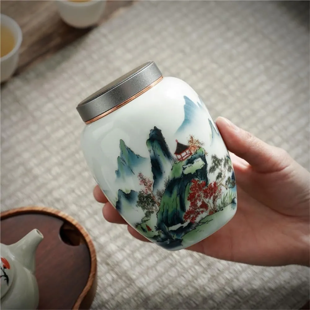 Tea Bag Organizer Tea Storage Container Creative Hand-painted Bulk Tea Storage Jar with Lid Ceramic Jar Small Sealed Jar Retro Chinese Tea Set Single Jar Tea Organizer(A)