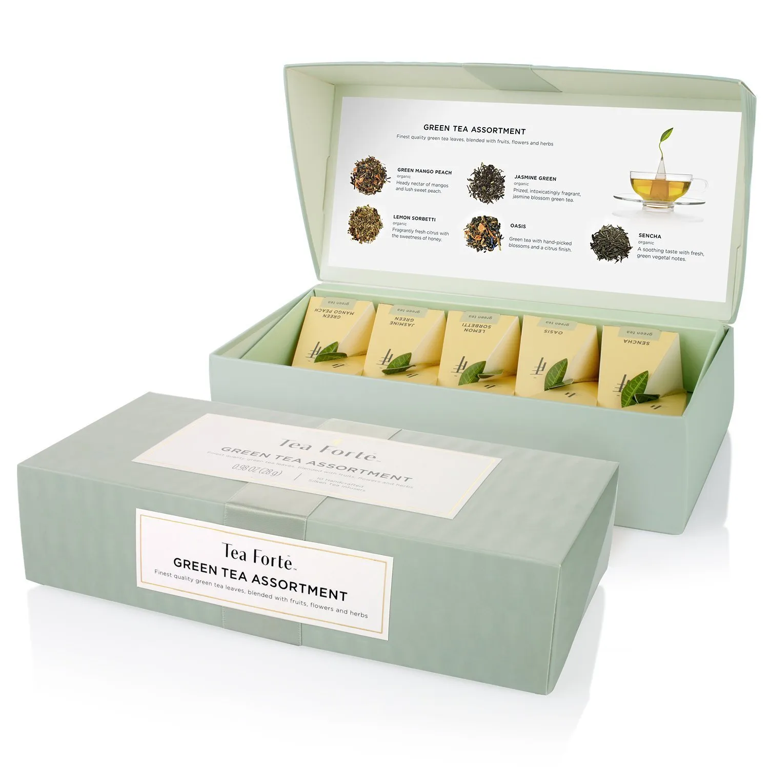 Tea Forte Assorted Green Tea Petite Presentation Box Mother's Day Tea Gift Set Sampler, 10 Count, 2 of Each Variety Individually Wrapped Handcrafted Pyramid Infuser Bags