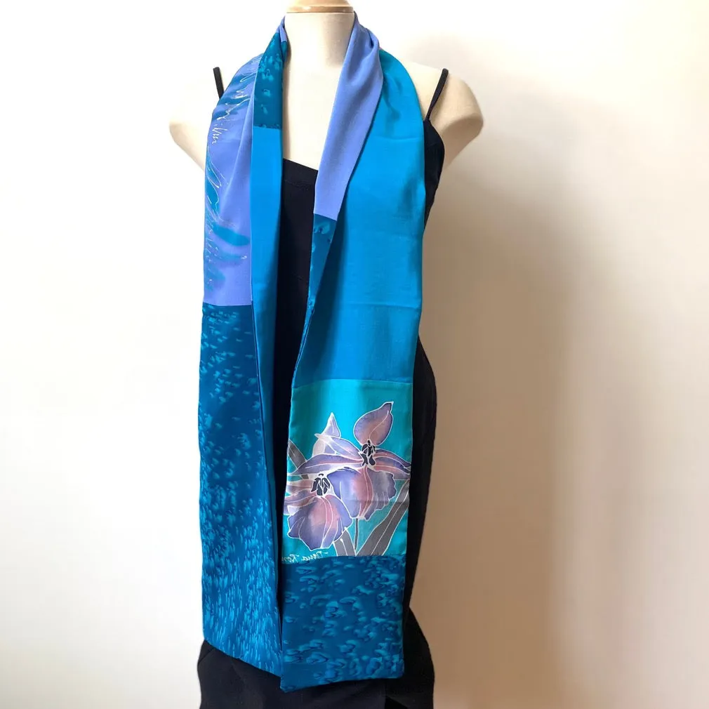 Teal handpainted silk scarf, double sided silk crepe de chine