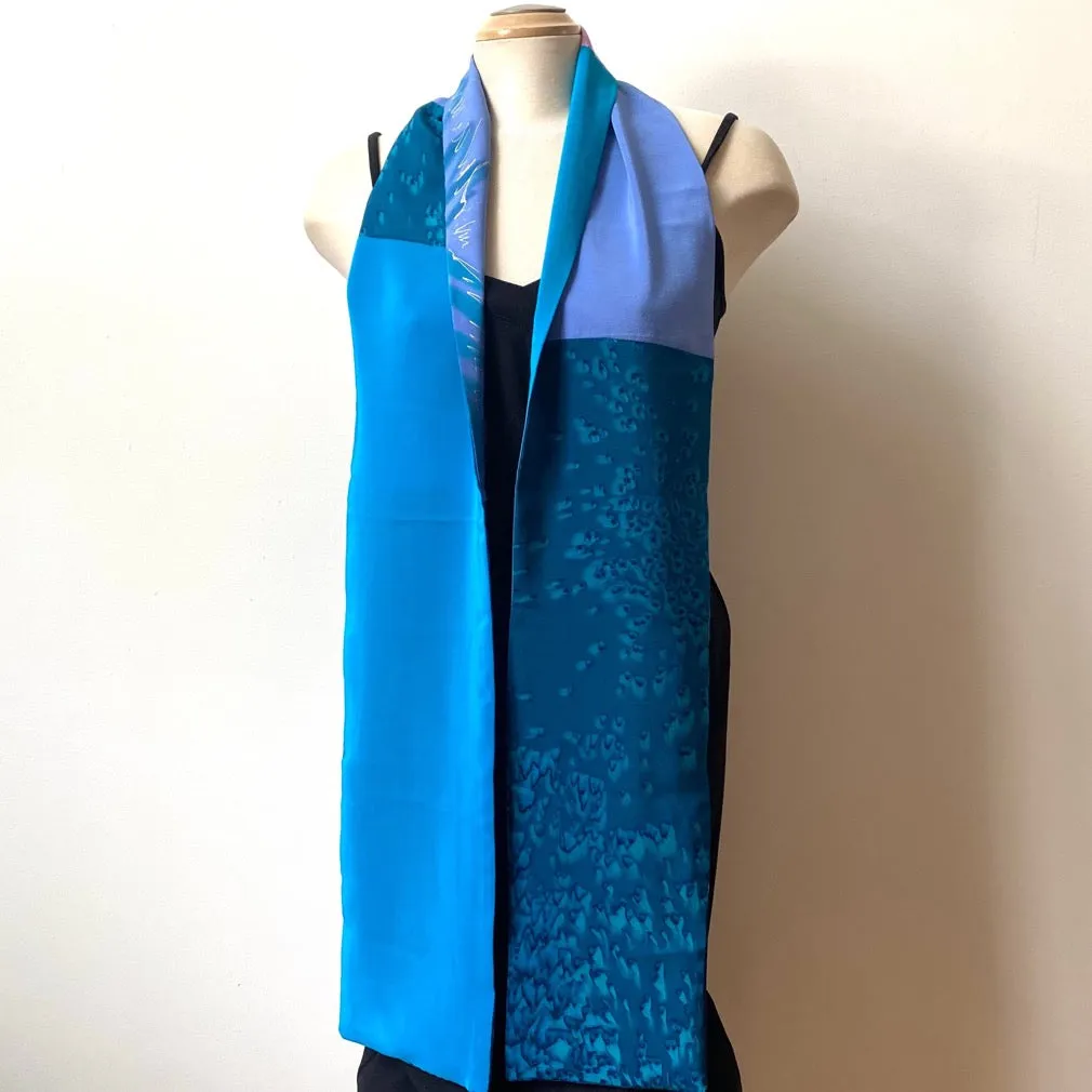Teal handpainted silk scarf, double sided silk crepe de chine