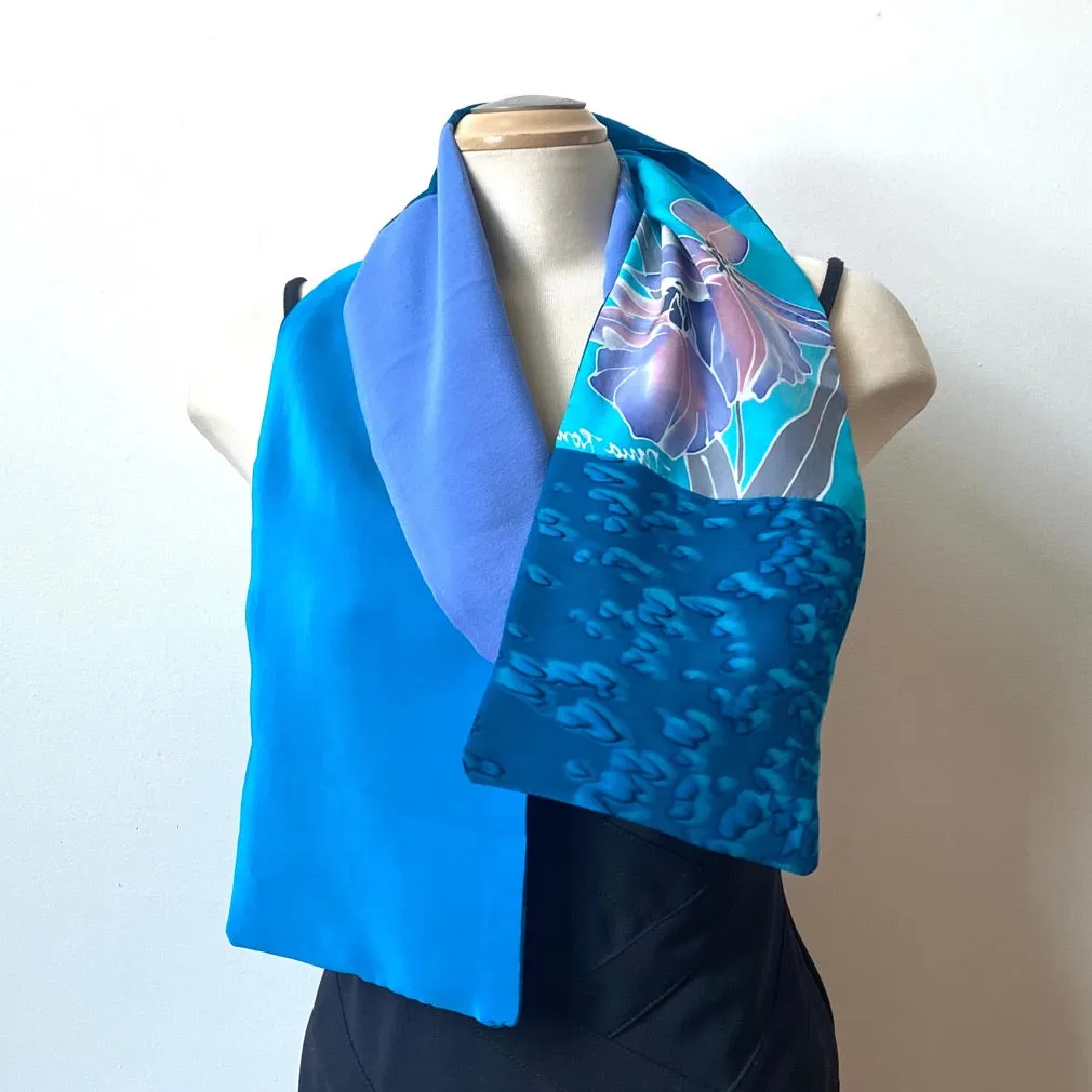 Teal handpainted silk scarf, double sided silk crepe de chine