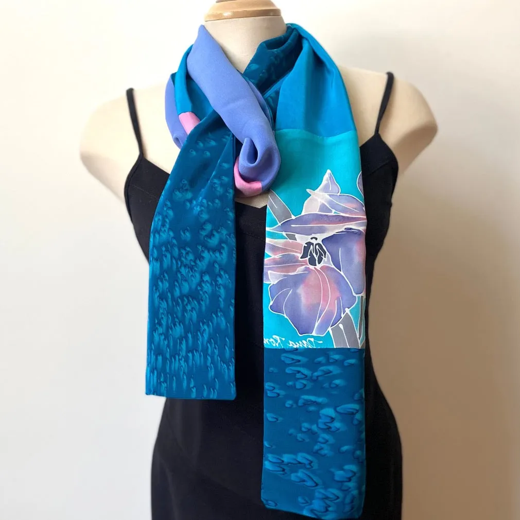 Teal handpainted silk scarf, double sided silk crepe de chine