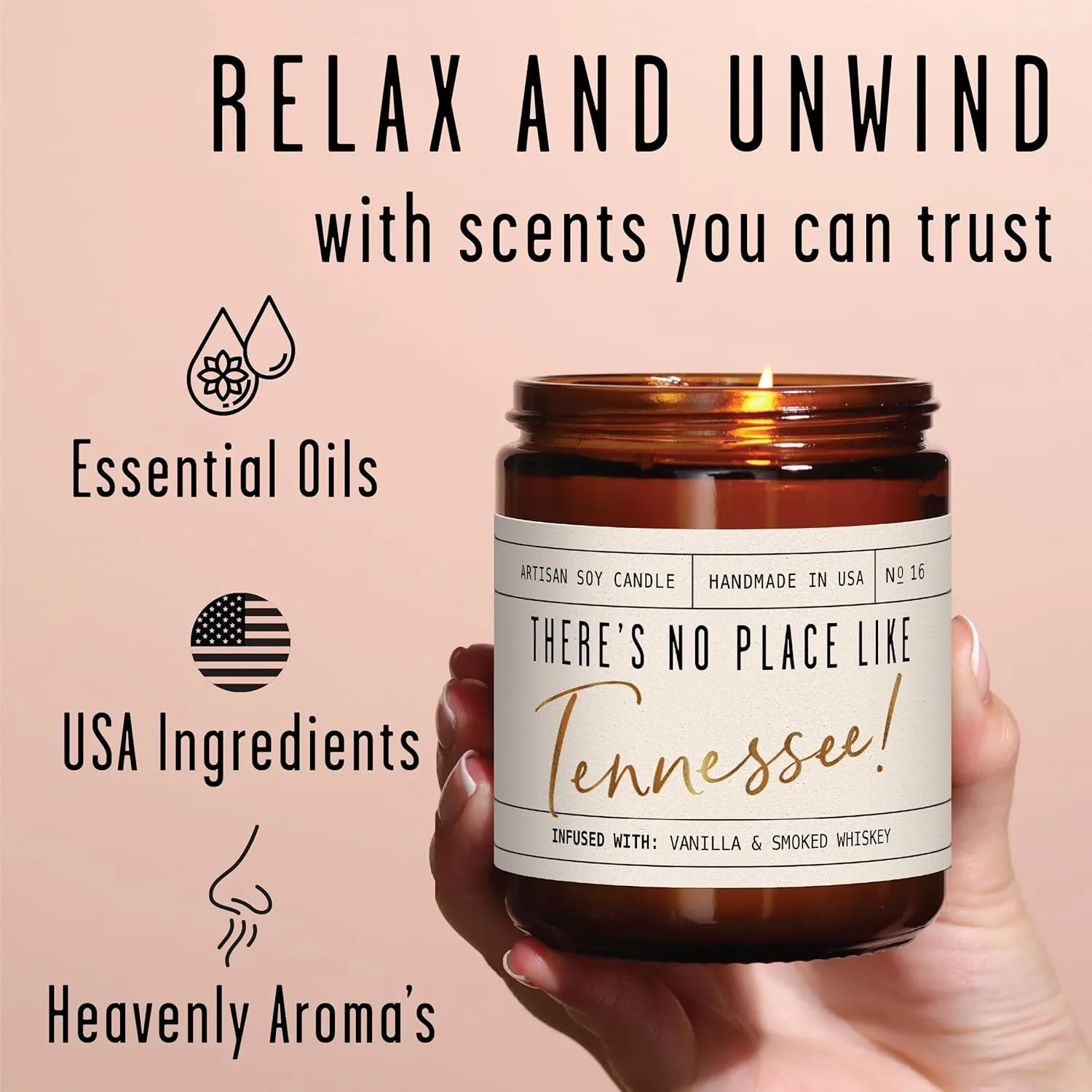 Tennessee Gifts, Tennessee Decor for Home - 'There's No Place Like Tennessee Candle, w/Vanilla & Smoked Whiskey I Tennessee Souvenirs I Tennessee State Gifts I 9oz Jar, 50Hr Burn, USA Made