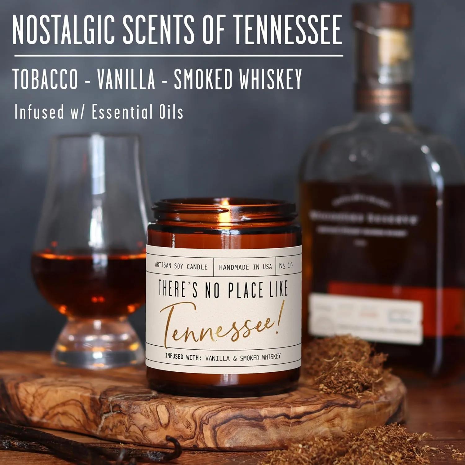 Tennessee Gifts, Tennessee Decor for Home - 'There's No Place Like Tennessee Candle, w/Vanilla & Smoked Whiskey I Tennessee Souvenirs I Tennessee State Gifts I 9oz Jar, 50Hr Burn, USA Made