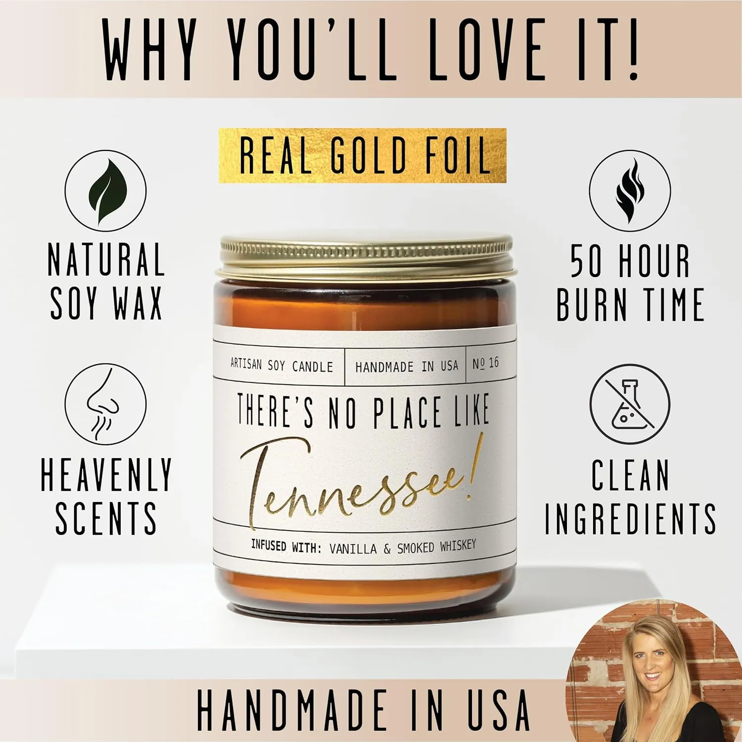 Tennessee Gifts, Tennessee Decor for Home - 'There's No Place Like Tennessee Candle, w/Vanilla & Smoked Whiskey I Tennessee Souvenirs I Tennessee State Gifts I 9oz Jar, 50Hr Burn, USA Made