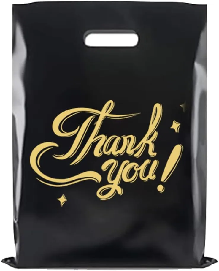 TGEE] 100PCS Black 12x15 Inch Thank You Bags - 2.36 Mil Extra Thick Plastic Handles - Retail Boutique Shopping Bags for Small Business (Cosmetic Overstock, See Real Photos in Reviews!)