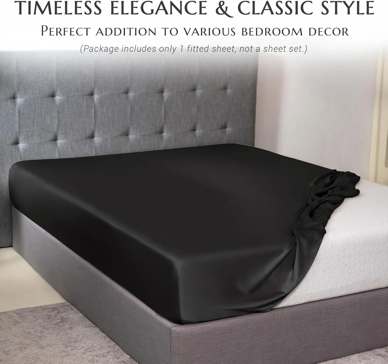 THXSILK Natural Silk Fitted Bed Sheet, 100% 7A  Silk, Deep Pocket to 16", Soft and Wrinkle Free, 1 Fitted Sheet Only (Queen, Black)