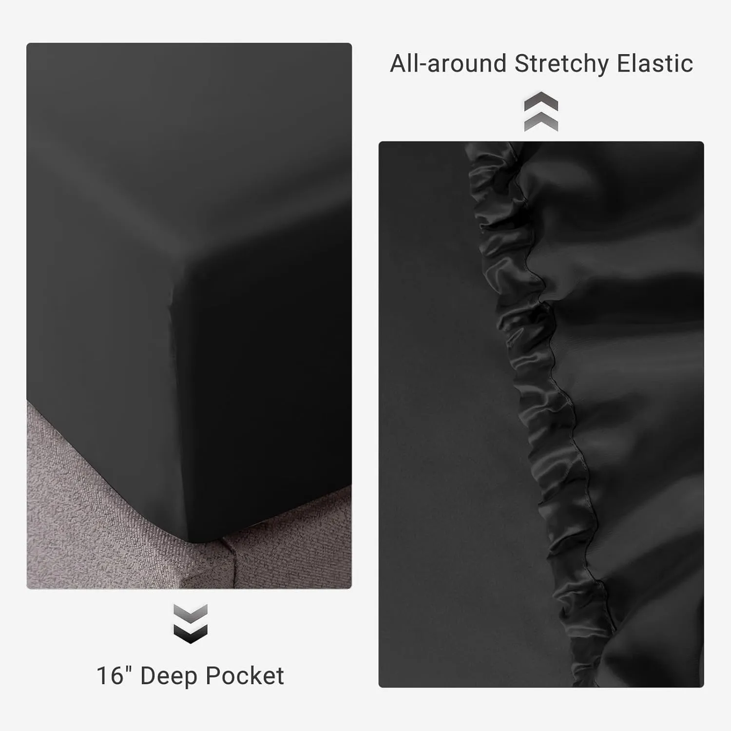 THXSILK Natural Silk Fitted Bed Sheet, 100% 7A  Silk, Deep Pocket to 16", Soft and Wrinkle Free, 1 Fitted Sheet Only (Queen, Black)