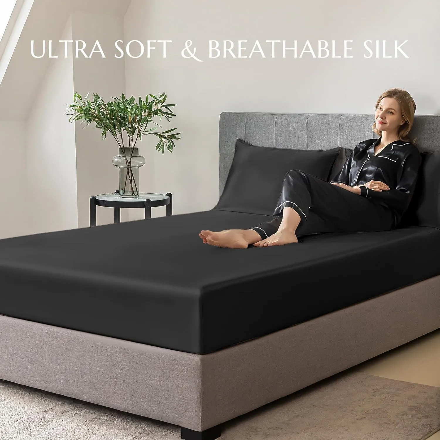 THXSILK Natural Silk Fitted Bed Sheet, 100% 7A  Silk, Deep Pocket to 16", Soft and Wrinkle Free, 1 Fitted Sheet Only (Queen, Black)