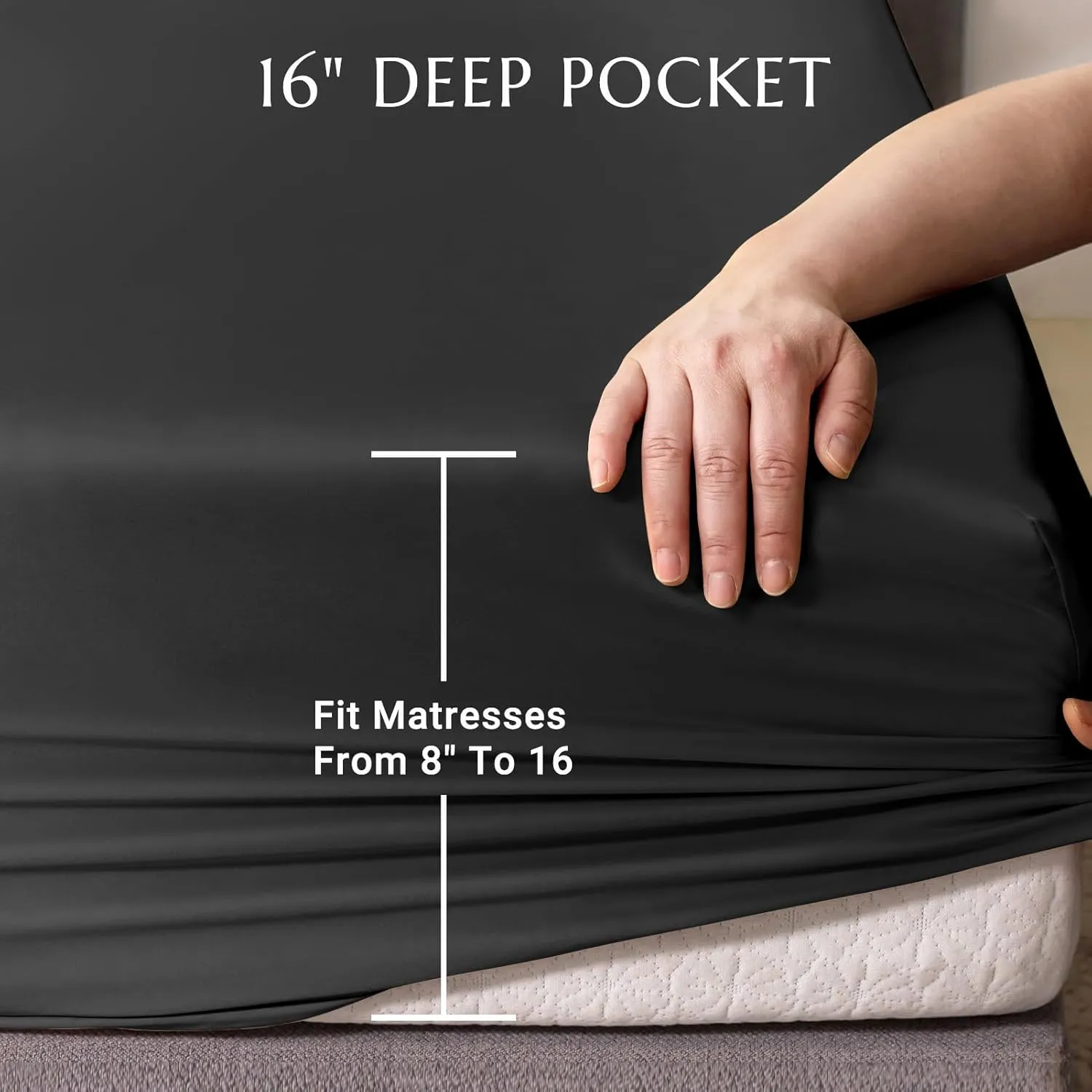 THXSILK Natural Silk Fitted Bed Sheet, 100% 7A  Silk, Deep Pocket to 16", Soft and Wrinkle Free, 1 Fitted Sheet Only (Queen, Black)