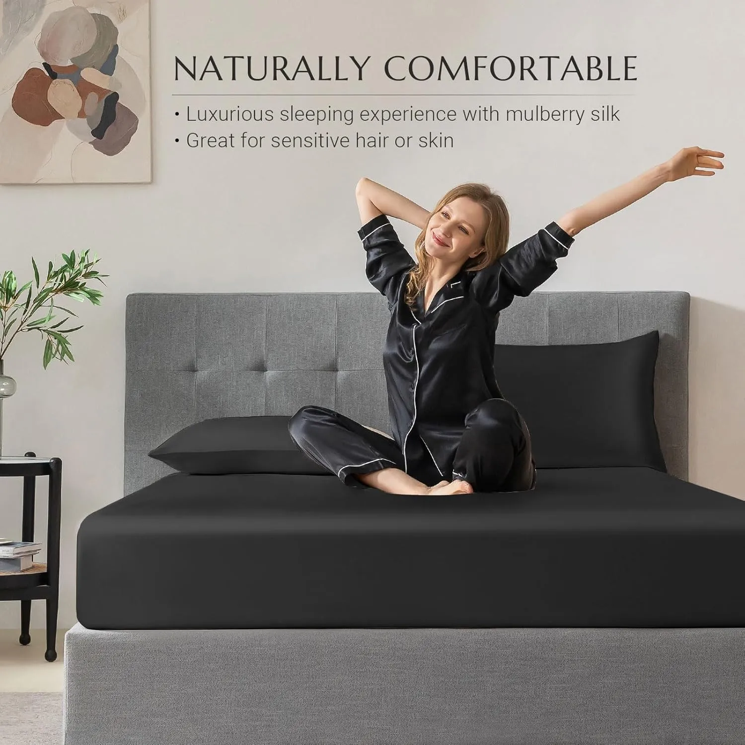 THXSILK Natural Silk Fitted Bed Sheet, 100% 7A  Silk, Deep Pocket to 16", Soft and Wrinkle Free, 1 Fitted Sheet Only (Queen, Black)