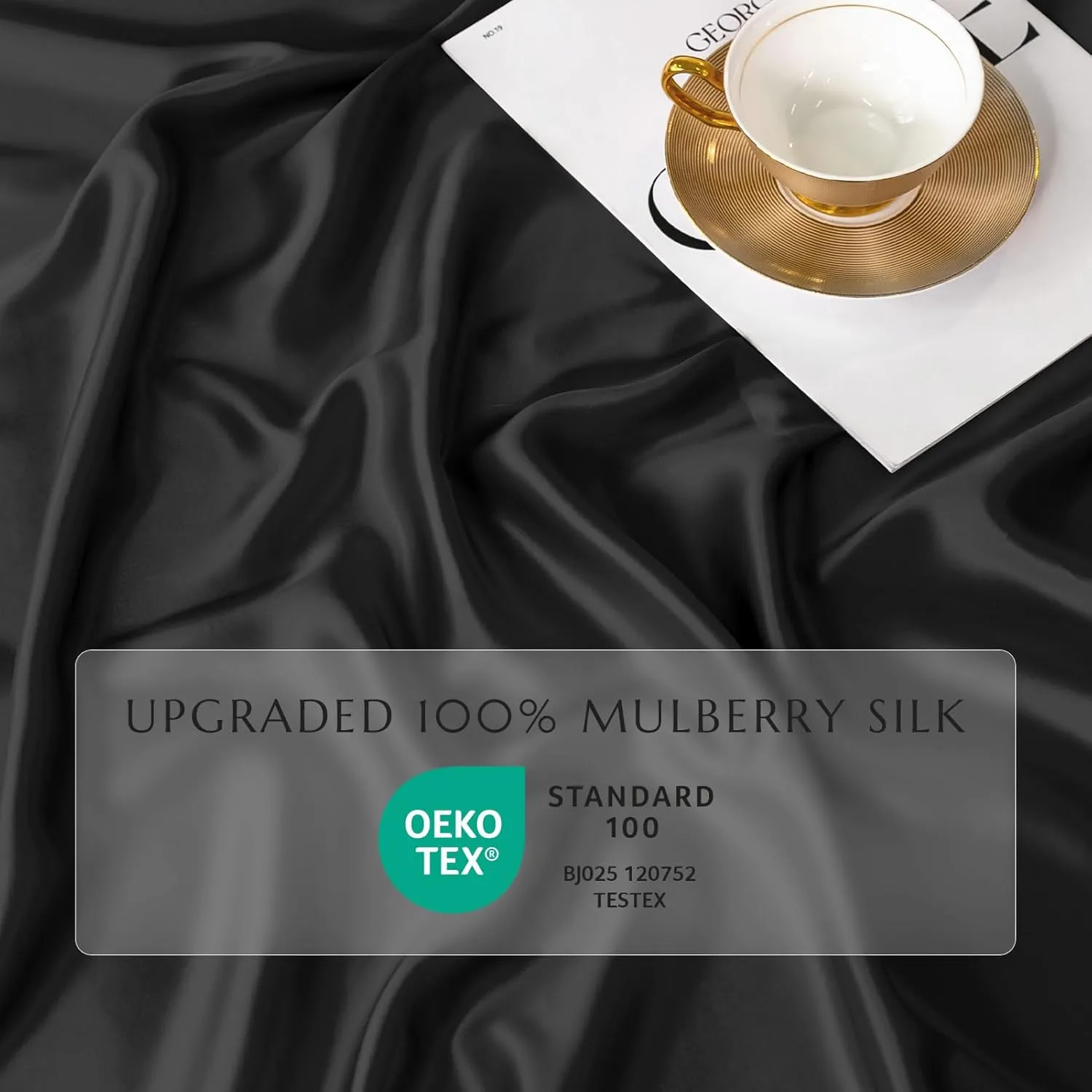 THXSILK Natural Silk Fitted Bed Sheet, 100% 7A  Silk, Deep Pocket to 16", Soft and Wrinkle Free, 1 Fitted Sheet Only (Queen, Black)