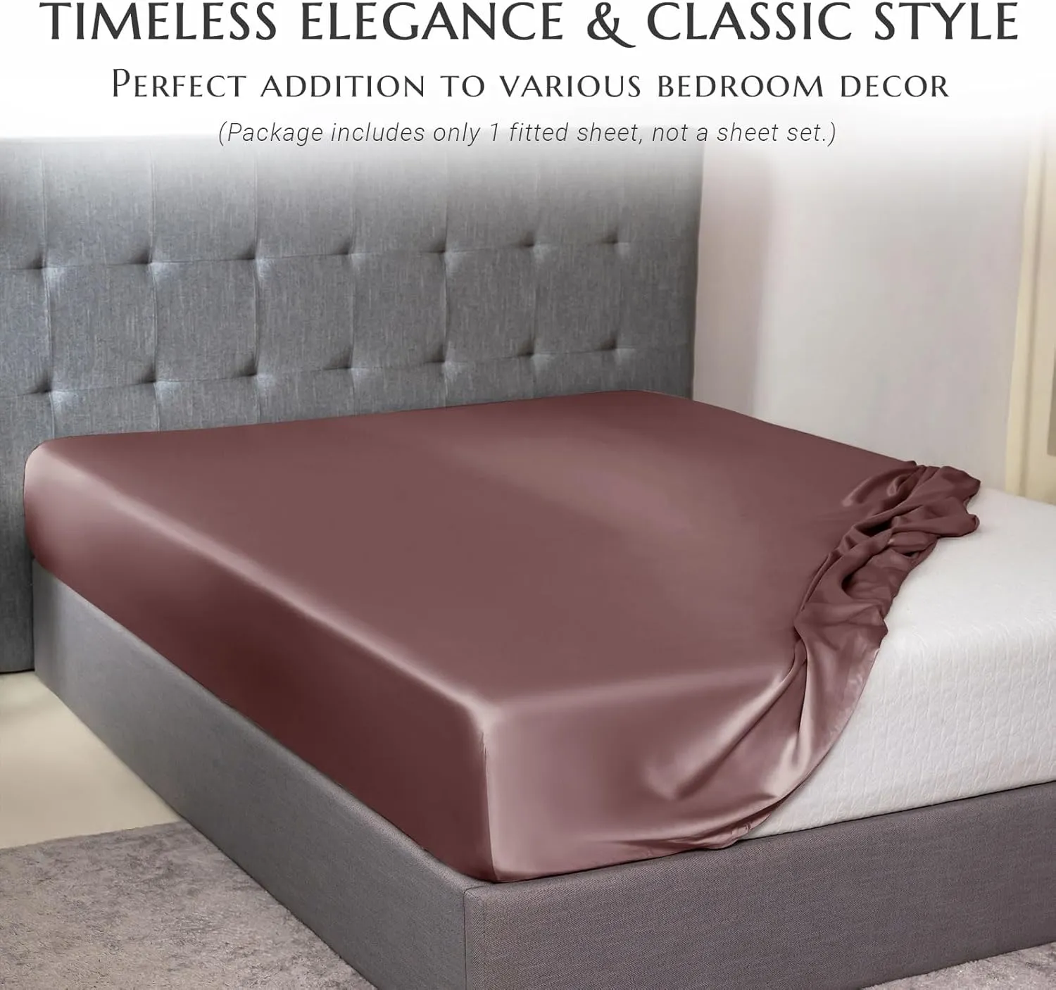 THXSILK Natural Silk Fitted Bed Sheet, 100% 7A  Silk, Deep Pocket to 16", Soft and Wrinkle Free, 1 Fitted Sheet Only (Queen, Purple)