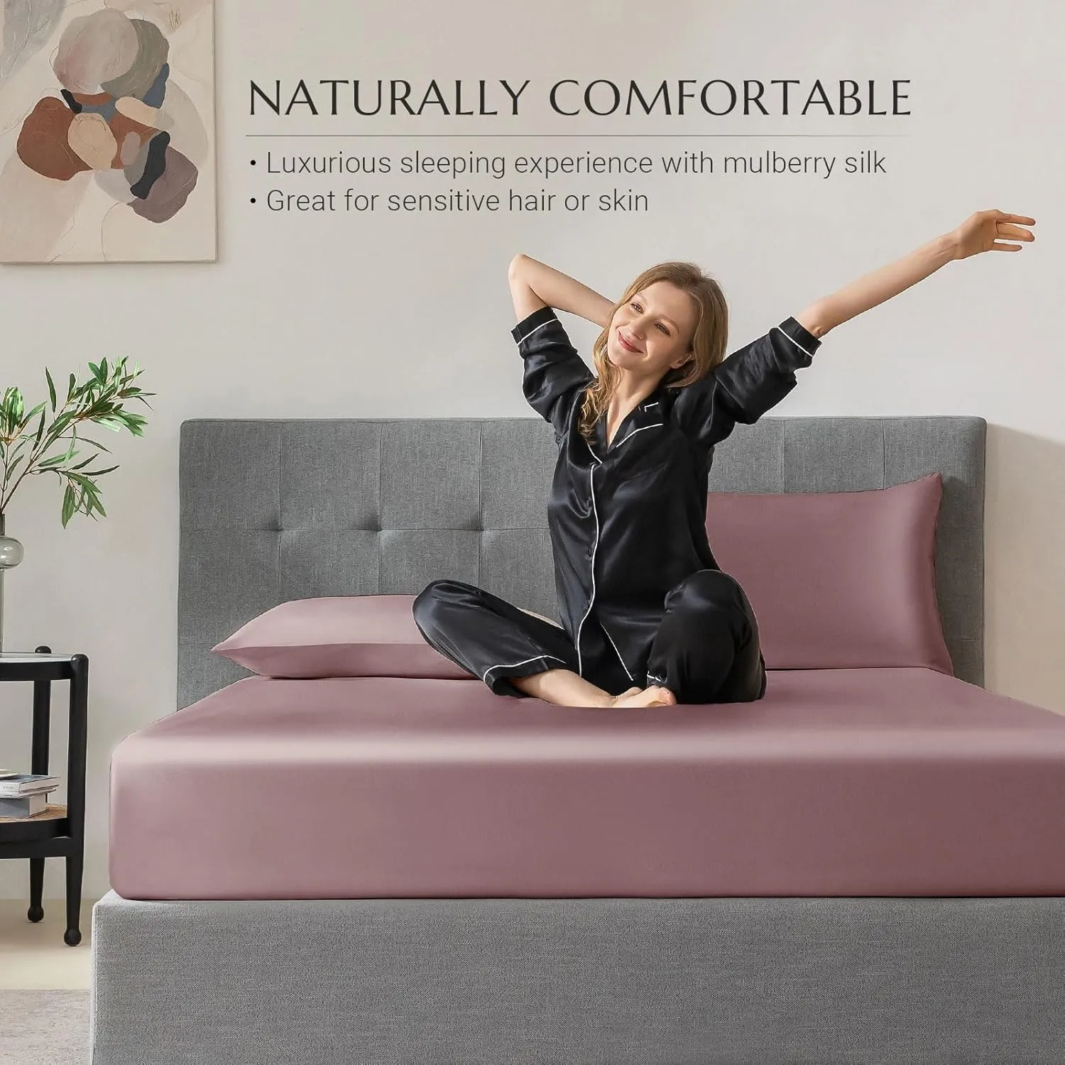 THXSILK Natural Silk Fitted Bed Sheet, 100% 7A  Silk, Deep Pocket to 16", Soft and Wrinkle Free, 1 Fitted Sheet Only (Queen, Purple)
