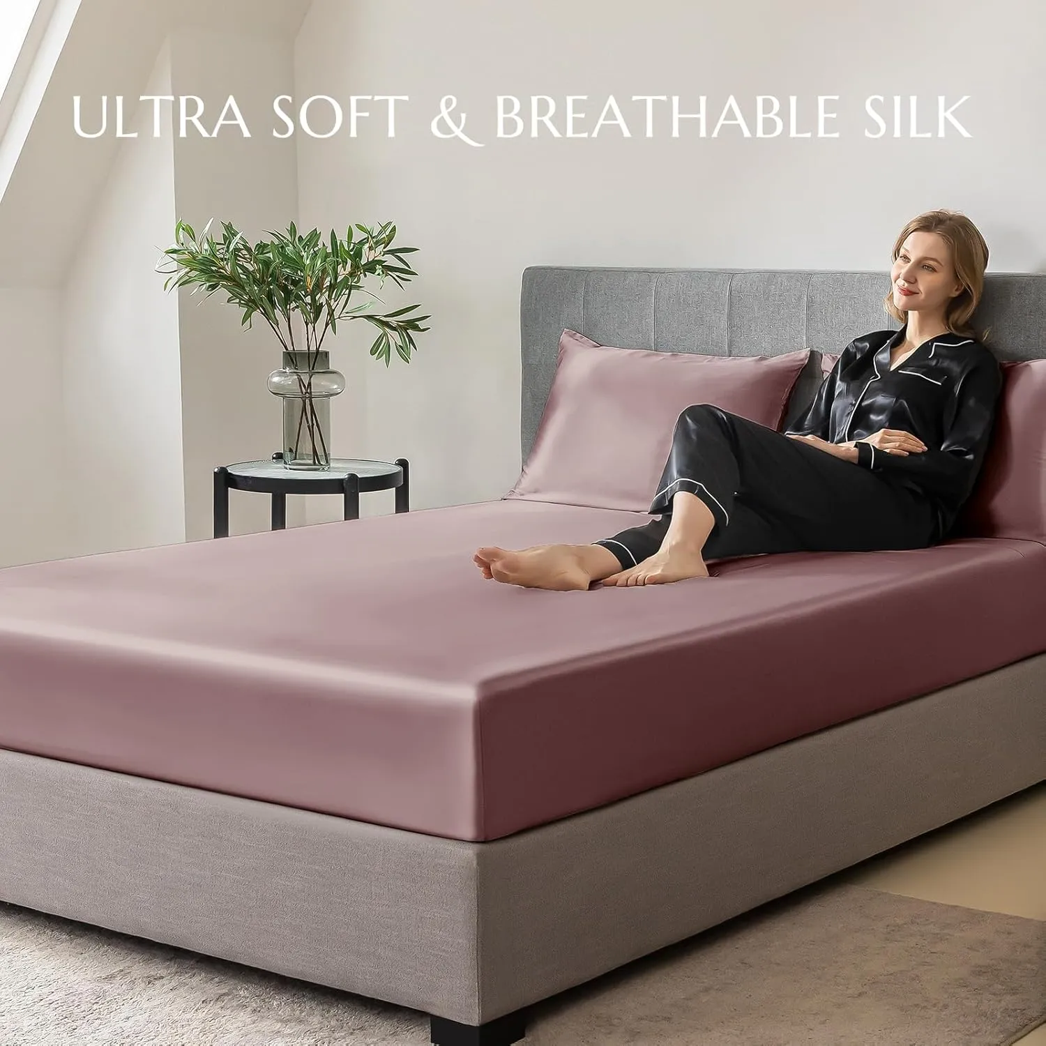 THXSILK Natural Silk Fitted Bed Sheet, 100% 7A  Silk, Deep Pocket to 16", Soft and Wrinkle Free, 1 Fitted Sheet Only (Queen, Purple)