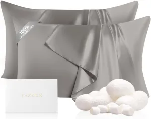 THXSILK Set of 2 100% Mulberry Silk Pillowcases for Hair and Skin, 22 Momme Natural Silk Pillow Cover with Hidden Zipper, Soft Breathable Smooth Organic Silk Pillowcases(Grey, Queen Size 20"x30")