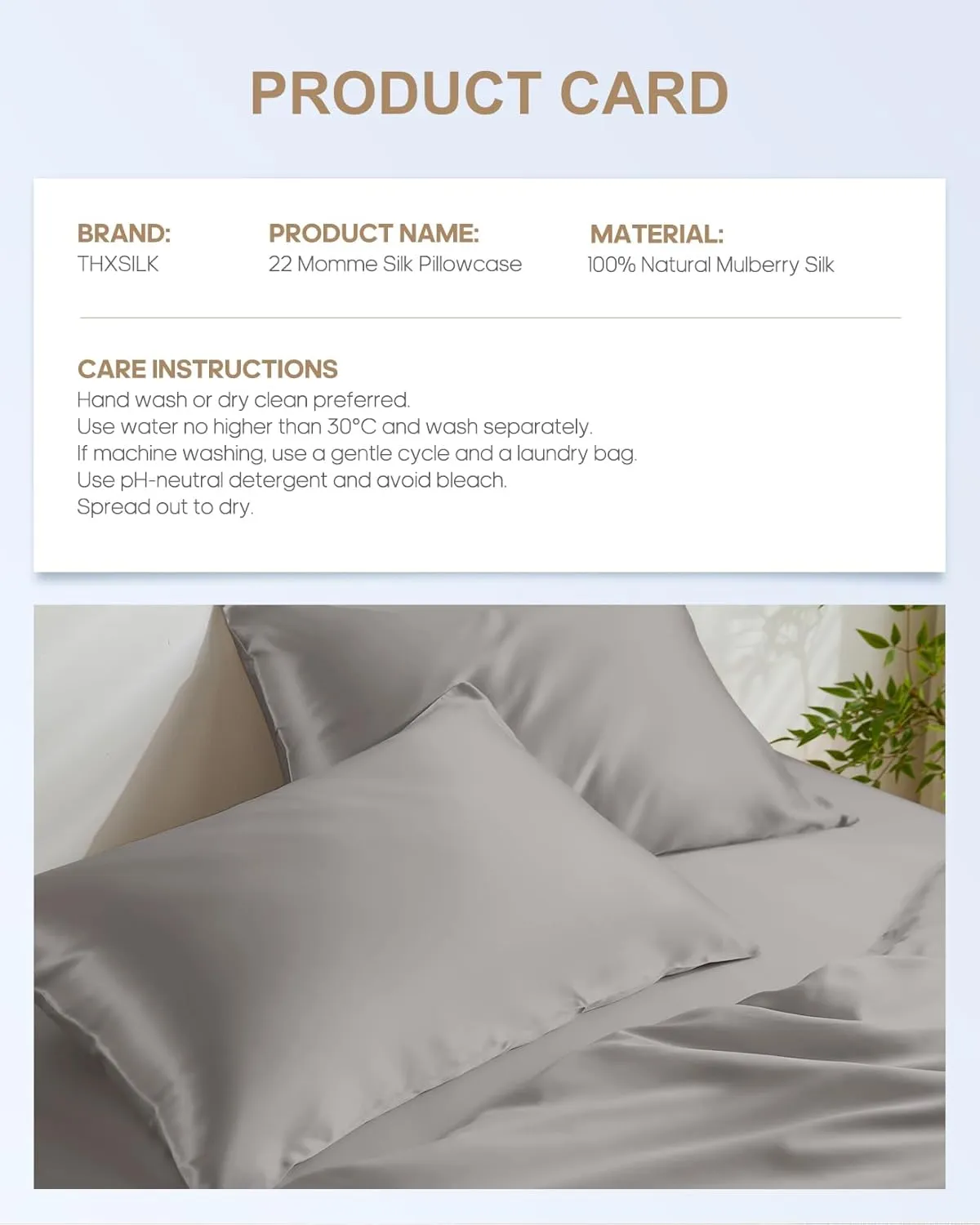 THXSILK Set of 2 100% Mulberry Silk Pillowcases for Hair and Skin, 22 Momme Natural Silk Pillow Cover with Hidden Zipper, Soft Breathable Smooth Organic Silk Pillowcases(Grey, Queen Size 20"x30")