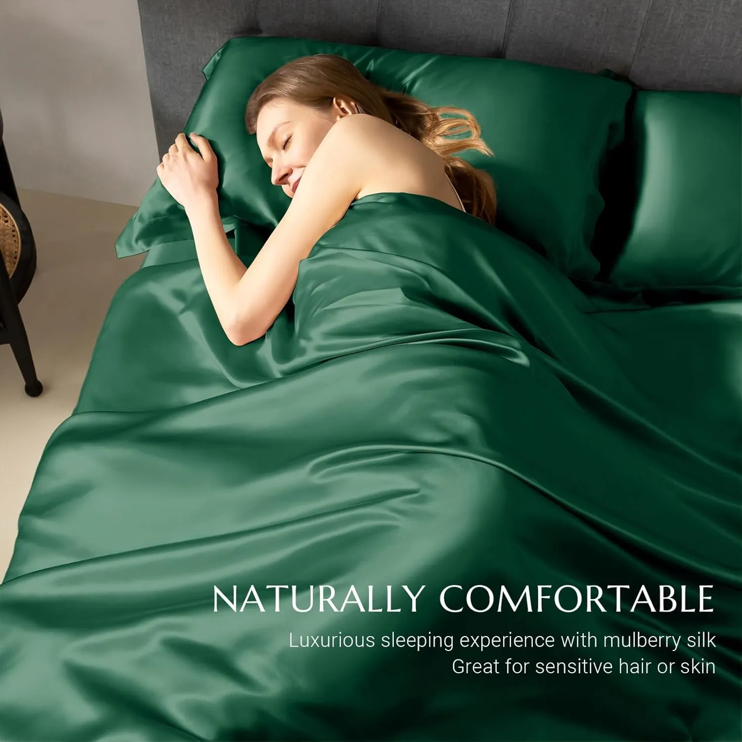 THXSILK Silk Duvet Cover, 100% 7A  Mulberry Silk Comforter Cover, Seamless, Breathable, Easy Care Zipper Closure, 1 Duvet Cover Only - King, Emerald Green