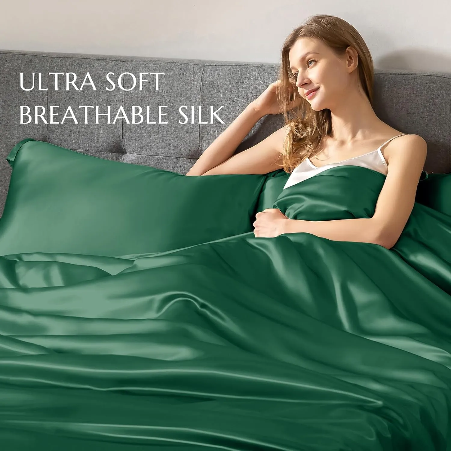 THXSILK Silk Duvet Cover, 100% 7A  Mulberry Silk Comforter Cover, Seamless, Breathable, Easy Care Zipper Closure, 1 Duvet Cover Only - King, Emerald Green